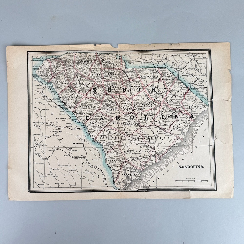 Antique South‎ Carolina Map c1900-1910 Atlas Page Colored Railroad Counties